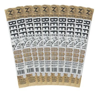 Multiple packages of Zick Stick Beef Stick packaging on a white background