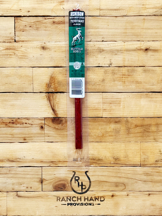 Packaged Venison Teriyaki Jerky Stick on a wooden background with the brand name 'Ranch Hand Provisions' visible on the packaging.